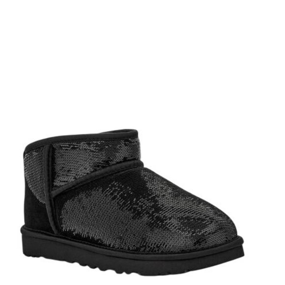 NEW UGG Classic Ultra Mini Mirror Ball Boots Womens 11 Black Sequin Disco Fur - Picture 1 of 8
